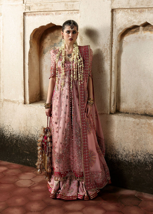 Chic rose pink organza pishwas with embroidered panels, silk lehnga, and chiffon dupatta. Unstitched festive outfit blending elegance with modern charm.