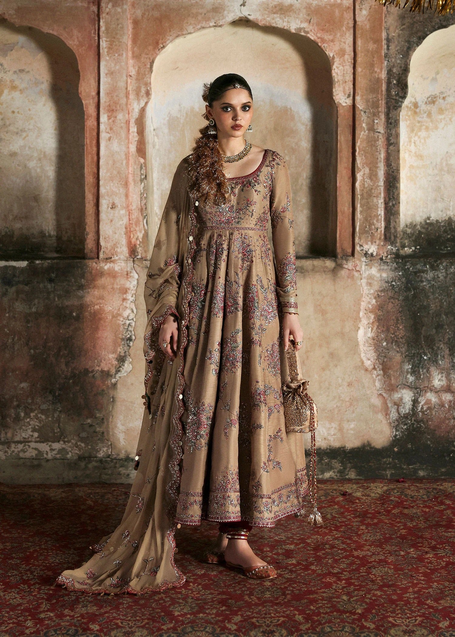 Graceful beige Korean raw silk pishwas with maroon churidar and chiffon dupatta. Elegant unstitched outfit perfect for weddings and festive wear.