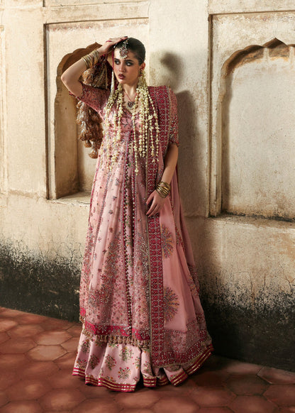Chic rose pink organza pishwas with embroidered panels, silk lehnga, and chiffon dupatta. Unstitched festive outfit blending elegance with modern charm.