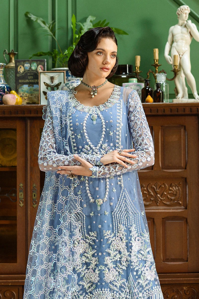 Stunning blue ensemble with embroidered net shirt, sequined dupatta, raw silk trouser, and handmade tassels for a graceful festive look.