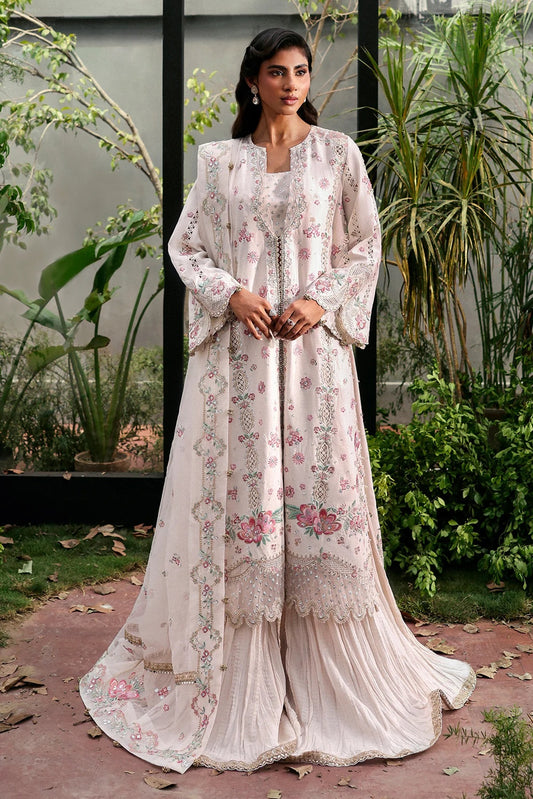 Elegant white raw silk suit featuring embroidered panels, organza borders, & a delicately embroidered dupatta with pallu  perfect for timeless festive elegance.