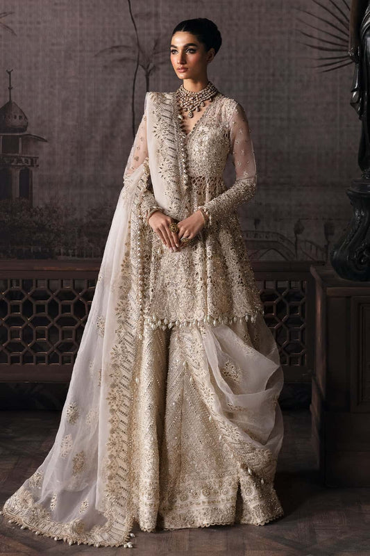 Luxurious organza suit featuring hand-embellished panels, embroidered dupatta, and raw silk trouser — perfect for festive and formal occasions.