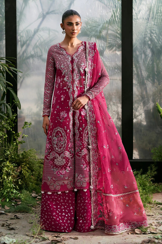 Elegant soft pink organza suit with embroidered panels, red accents, silk dupatta borders, and matching raw silk trouser for a refined look.