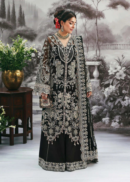 Majestic onyx noir suit with hand-embellished organza panels, refined borders, embroidered dupatta, and sleek trouser for timeless evening elegance.
