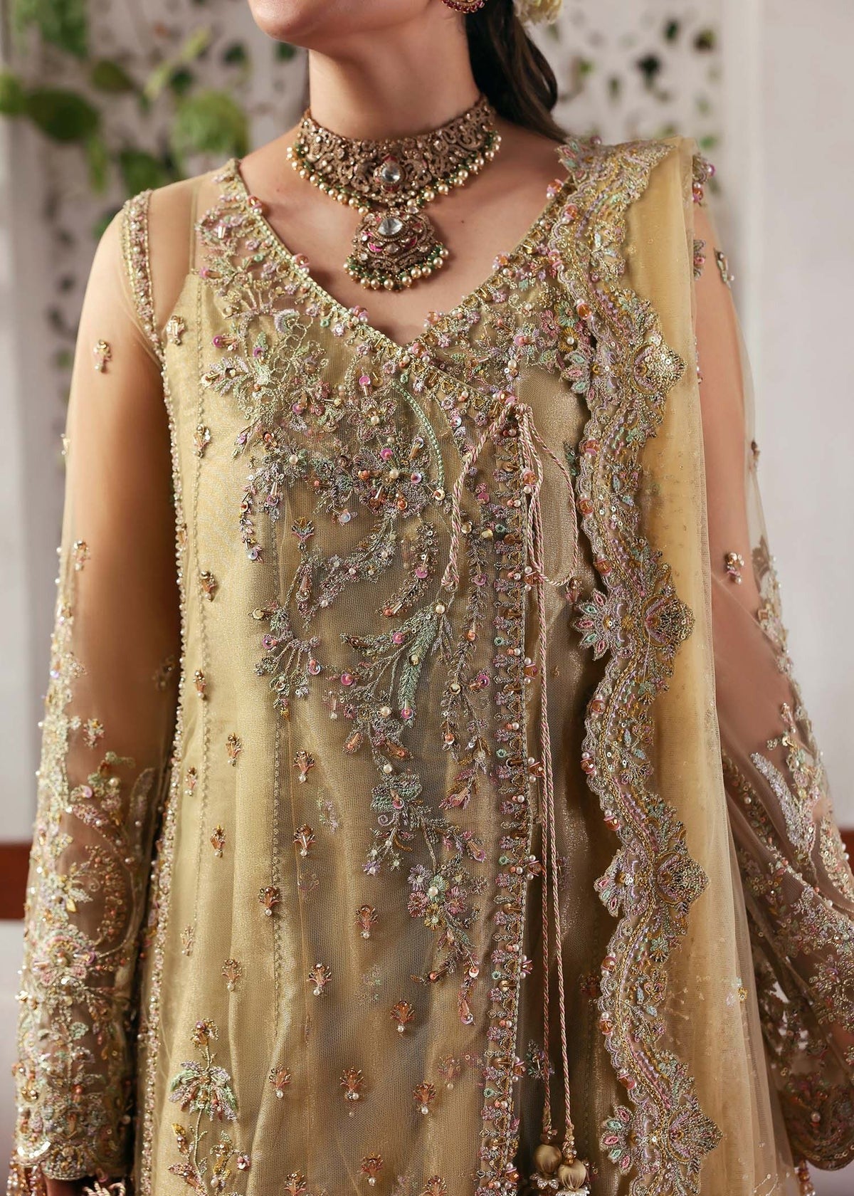 Elegant champagne beige suit with hand-embellished net panels, ornate borders, embroidered dupatta, and trouser for timeless festive sophistication.
