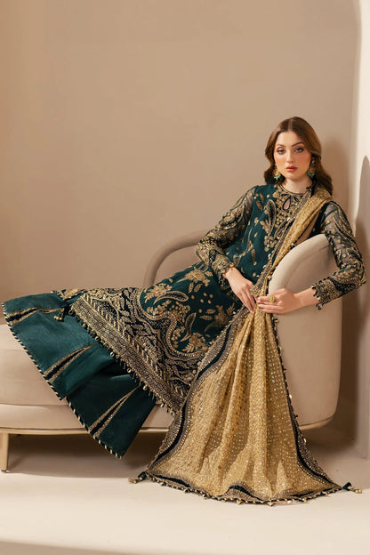 WF'25-06 blends chiffon embroidery with velvet appliqué on front, back, and sleeves—paired with organza dupatta and rawsilk bottom for a luxe finish.