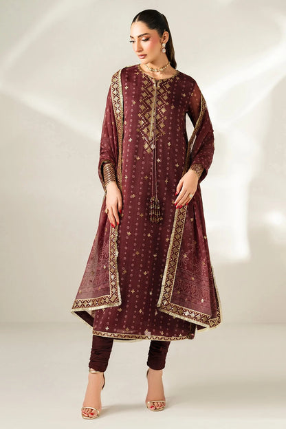 Digitally printed chiffon with intricate embroidery, bordered dupatta, and dyed raw silk bottom—perfect for weddings, festive events, or formal wear.