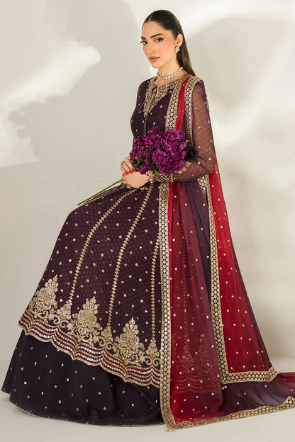 Intricately embroidered chiffon suit with digital prints, bordered dupatta, and raw silk bottom—crafted for timeless elegance and formal sophistication.