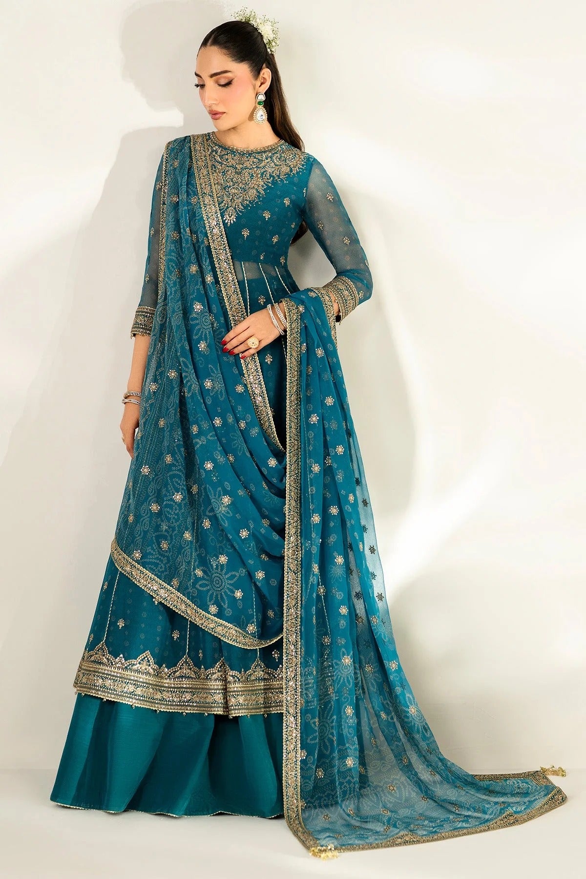 Digitally printed chiffon suit with embroidery on yoke, panels, sleeves & dupatta. Paired with dyed rawsilk bottom for a luxe, elegant formal look.