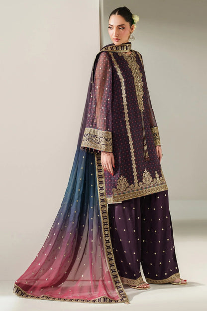 Elegantly embroidered chiffon with digital prints, bordered dupatta, and raw silk bottom—crafted for refined charm at weddings, events, or formal soirées.
