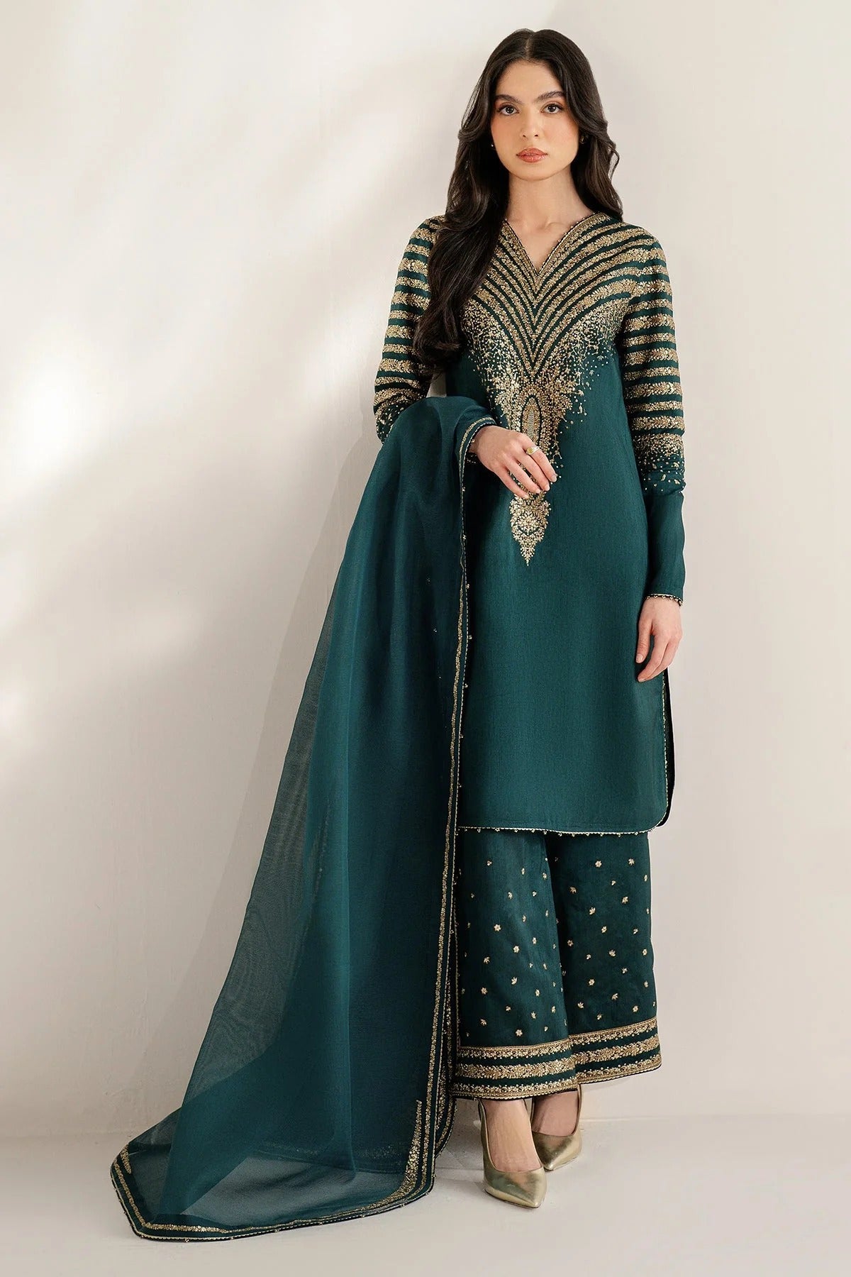 UR-7056 features embroidered Korean rawsilk front, sleeves, and bottom with a check woven organza dupatta—crafted for elegant, formal occasions.