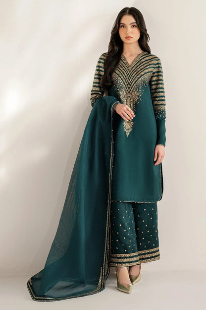 UR-7056 features embroidered Korean rawsilk front, sleeves, and bottom with a check woven organza dupatta—crafted for elegant, formal occasions.