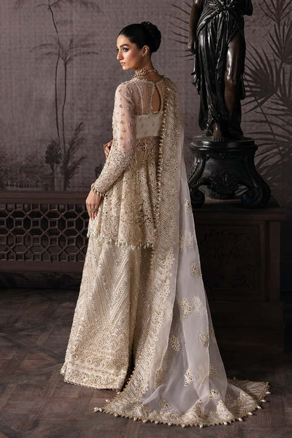 Luxurious organza suit featuring hand-embellished panels, embroidered dupatta, and raw silk trouser — perfect for festive and formal occasions.