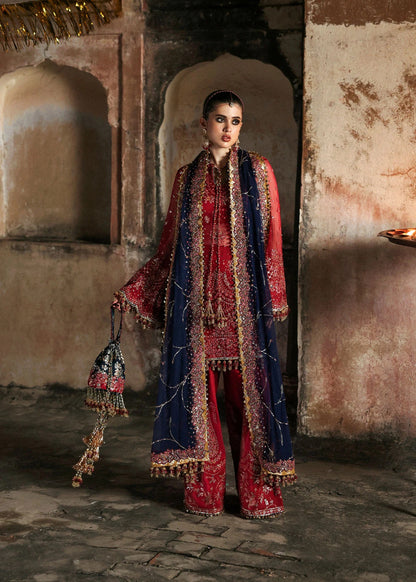 Stunning cherry red chiffon shirt with rich embroidery, silk shalwar, and chiffon dupatta. Unstitched festive outfit radiating elegance and timeless grace.