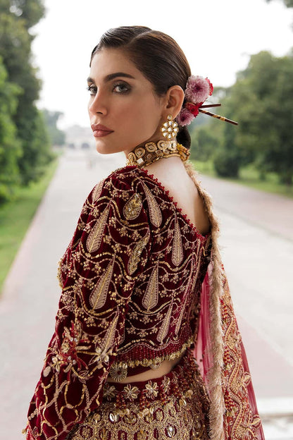 Opulent velvet and raw silk suit with embellished panels, rich embroidered borders, and a chiffon dupatta — perfect for festive elegance.