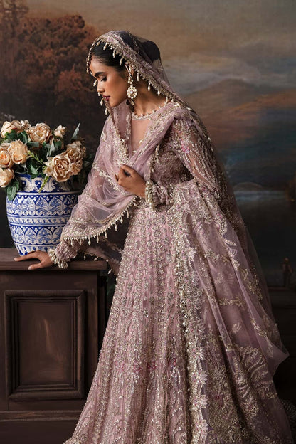 Luxurious net suit with embroidered panels, embellished sleeves, organza dupatta motifs, and raw silk trouser — a perfect festive ensemble.
