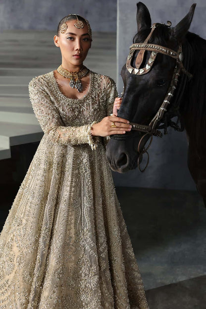 Elegant khaddi net suit featuring hand-embellished panels, embroidered dupatta with four-side border, and jamavar trouser for a timeless festive look.
