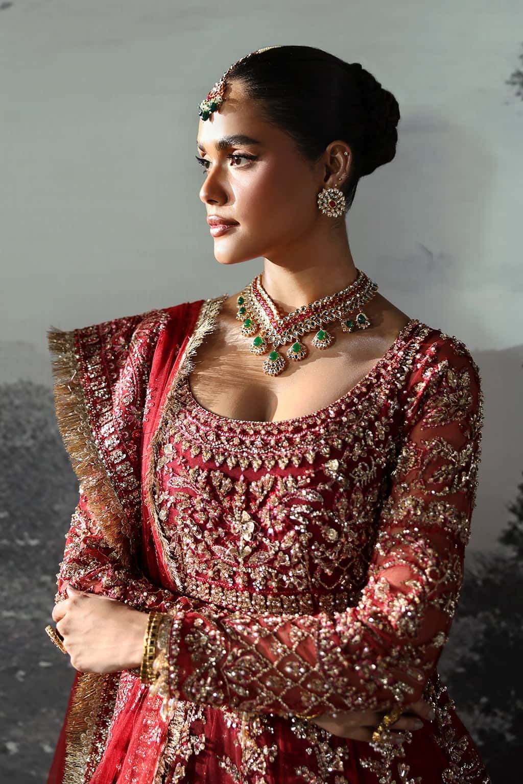 Luxurious net suit with hand-embellished panels, embroidered dupatta with motifs, and raw silk trouser — perfect for weddings and festive wear.