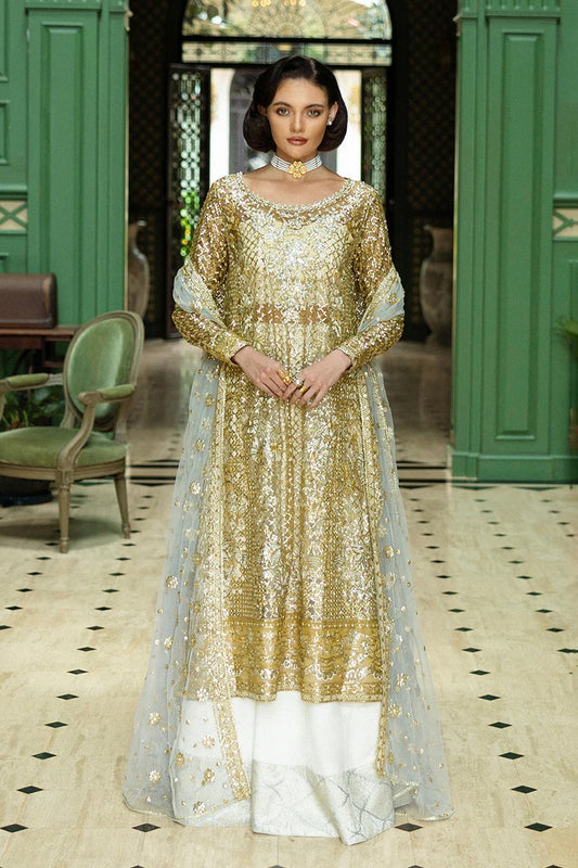 Elegant white & gold dress with embroidered net shirt, sequined dupatta, raw silk trouser, jamawar finishing, and hand-embellished neckline.