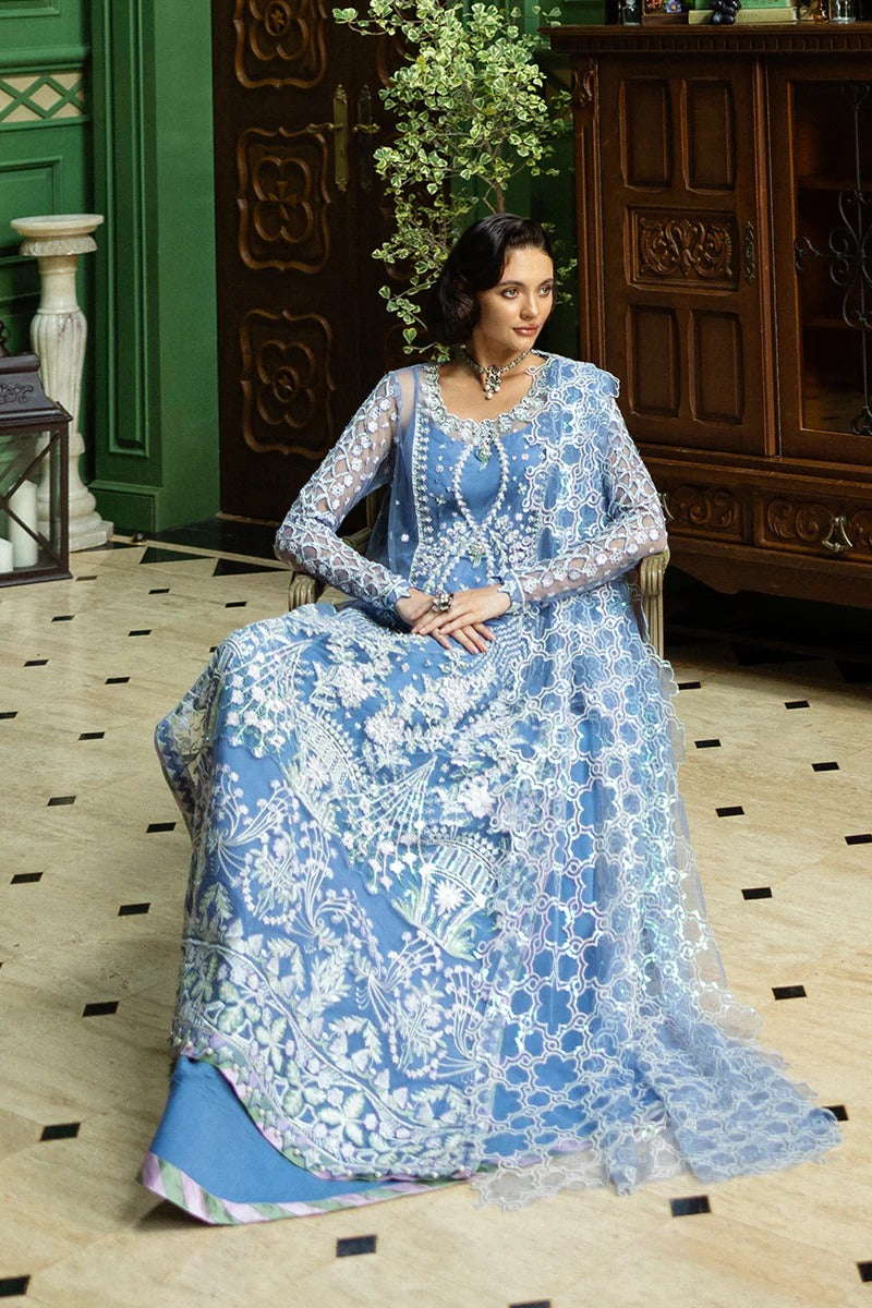 Stunning blue ensemble with embroidered net shirt, sequined dupatta, raw silk trouser, and handmade tassels for a graceful festive look.