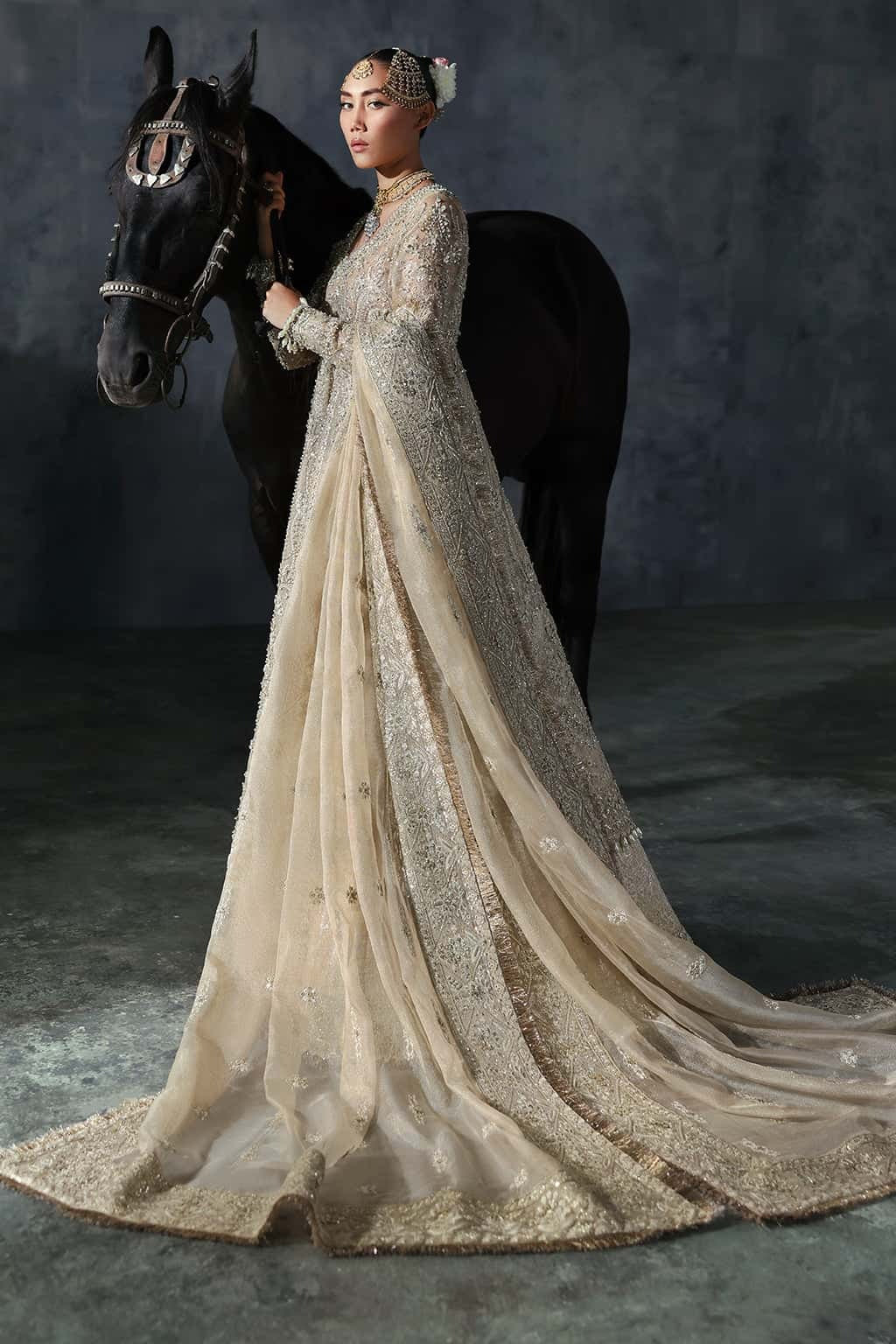 Elegant khaddi net suit featuring hand-embellished panels, embroidered dupatta with four-side border, and jamavar trouser for a timeless festive look.