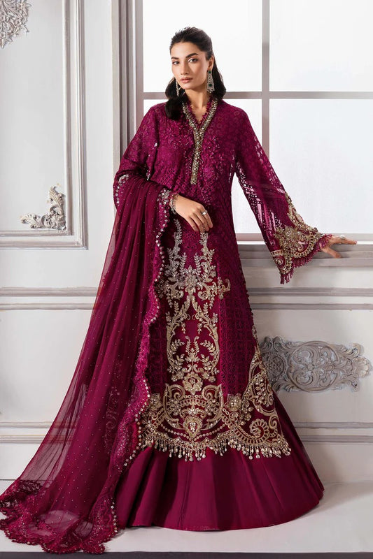 Elegant chiffon suit with 3D floral embellishments, hand embroidery, and organza dupatta. Includes raw silk undershirt and trouser. Color may slightly vary.