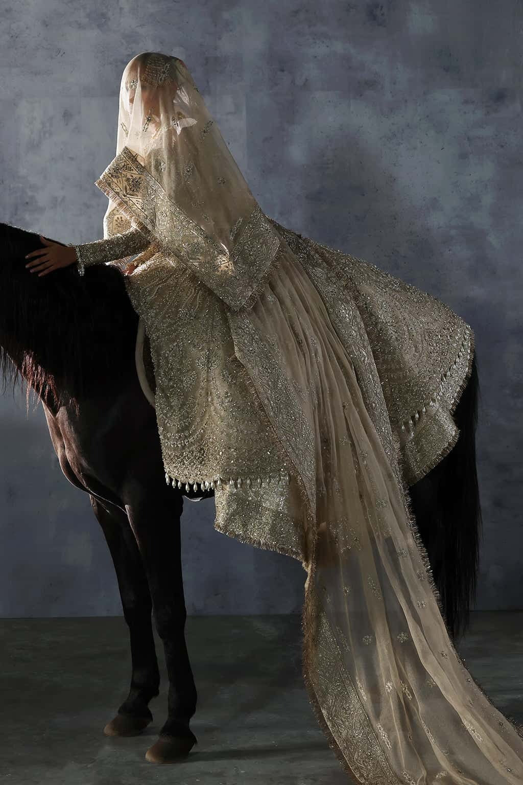 Elegant khaddi net suit featuring hand-embellished panels, embroidered dupatta with four-side border, and jamavar trouser for a timeless festive look.