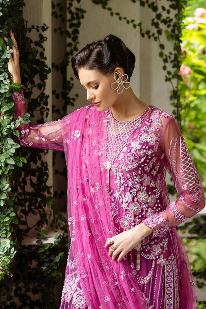 Graceful blush pink dress with embroidered net shirt, sequined dupatta, raw silk trouser, pearl-detailed daman border, and handmade tassels.
