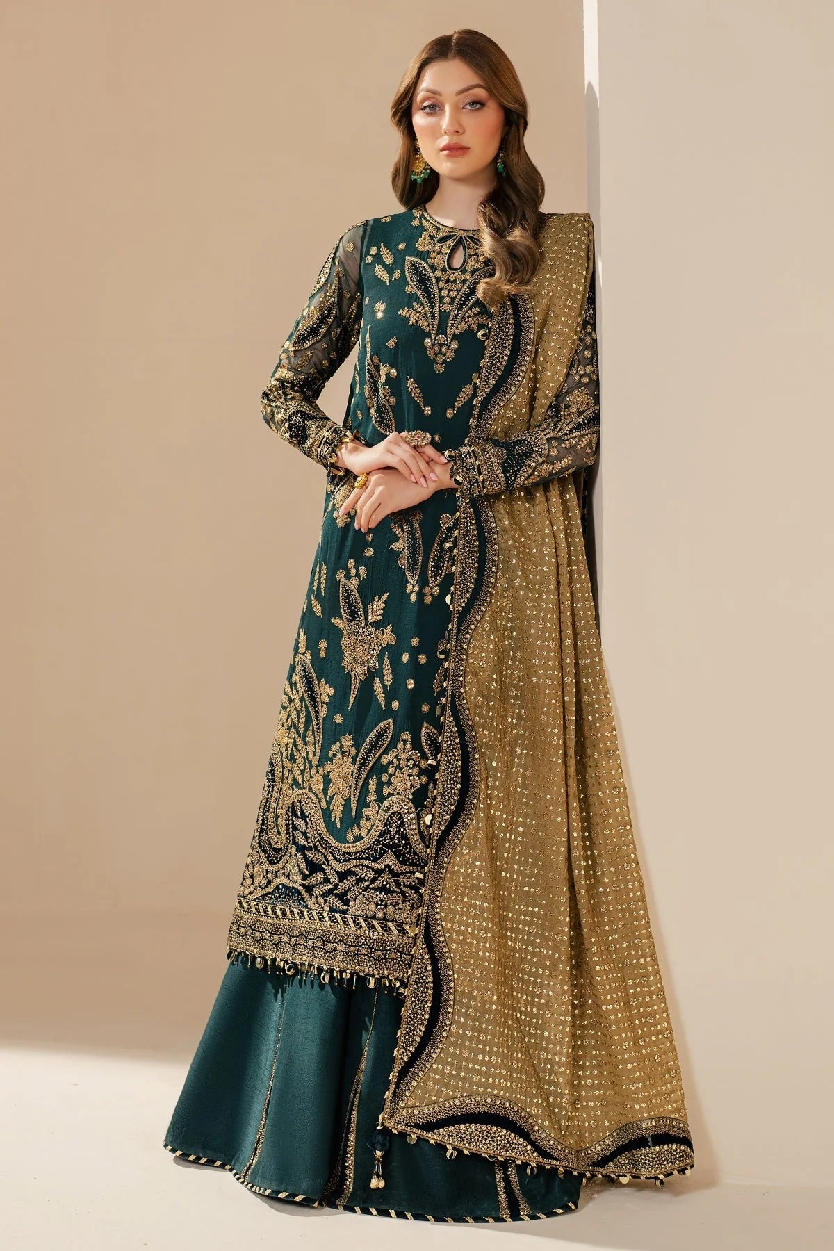WF'25-06 blends chiffon embroidery with velvet appliqué on front, back, and sleeves—paired with organza dupatta and rawsilk bottom for a luxe finish.