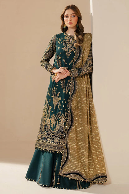 WF'25-06 blends chiffon embroidery with velvet appliqué on front, back, and sleeves—paired with organza dupatta and rawsilk bottom for a luxe finish.