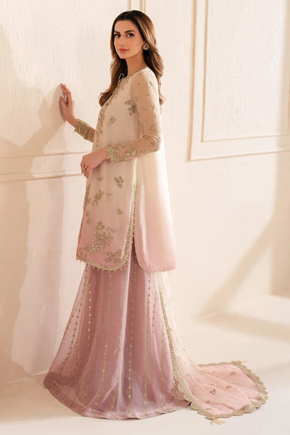 UC-3067 features digital printed chiffon with fine embroidery on front, sleeves, and dupatta—paired with a dyed rawsilk bottom for a refined look.