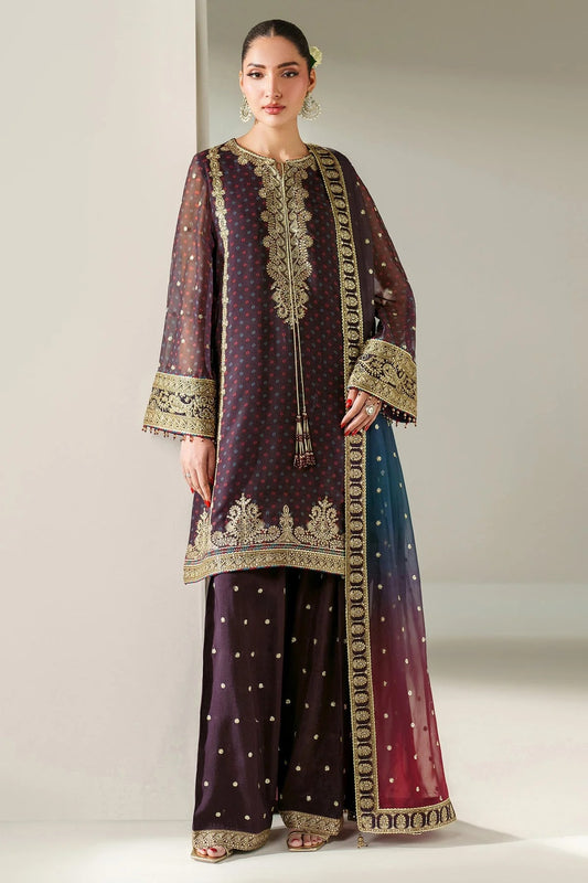 Elegantly embroidered chiffon with digital prints, bordered dupatta, and raw silk bottom—crafted for refined charm at weddings, events, or formal soirées.