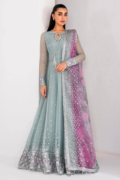 UC-3062 blends embroidered chiffon with digital prints, organza dupatta, and rawsilk trouser—crafted for elegance and perfect for formal occasions.