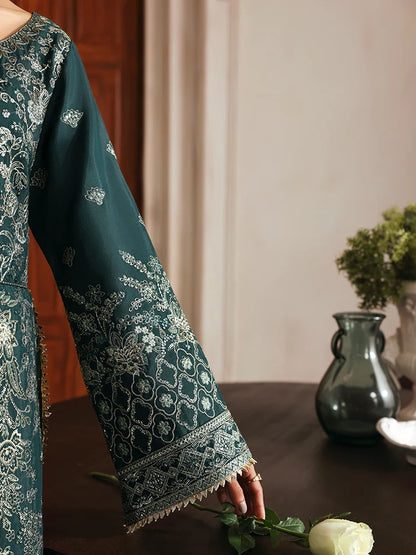 Elevate your look with this embroidered and sequined raw silk ensemble featuring a detailed bodice, chiffon dupatta with organza border, and elegant sharara.