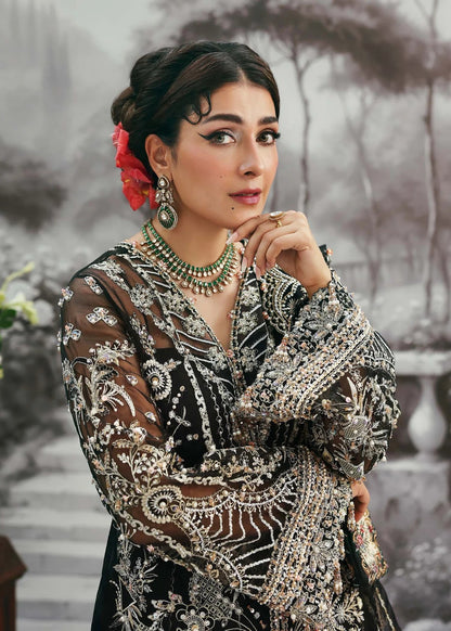 Majestic onyx noir suit with hand-embellished organza panels, refined borders, embroidered dupatta, and sleek trouser for timeless evening elegance.