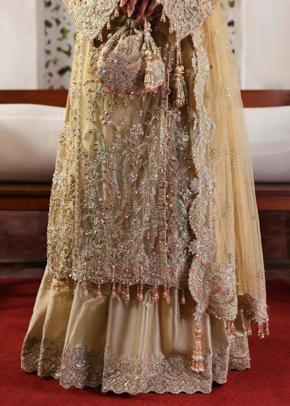 Elegant champagne beige suit with hand-embellished net panels, ornate borders, embroidered dupatta, and trouser for timeless festive sophistication.