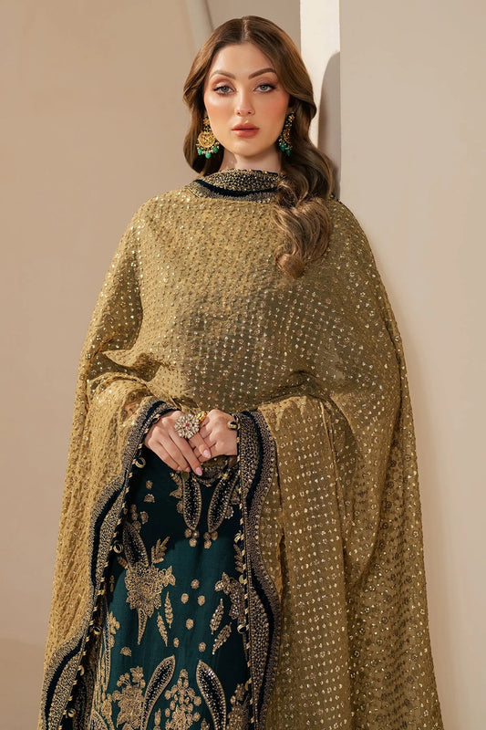 WF'25-06 blends chiffon embroidery with velvet appliqué on front, back, and sleeves—paired with organza dupatta and rawsilk bottom for a luxe finish.