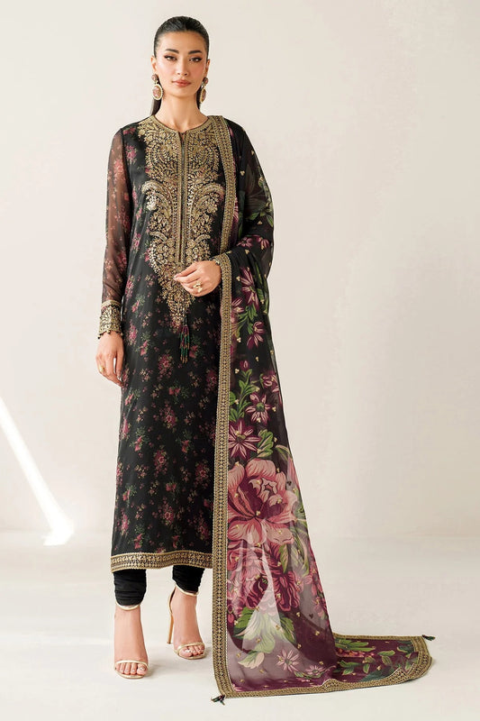 Digitally printed chiffon suit with intricate embroidery, bordered dupatta, and raw silk bottom—perfect for a graceful, formal, and timeless look.