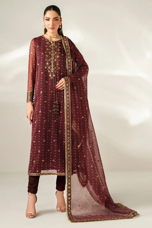Digitally printed chiffon with intricate embroidery, bordered dupatta, and dyed raw silk bottom—perfect for weddings, festive events, or formal wear.