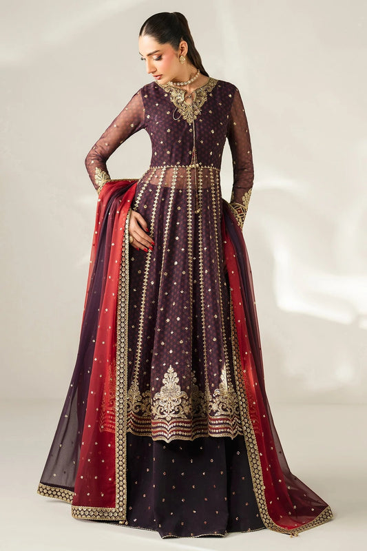 Intricately embroidered chiffon suit with digital prints, bordered dupatta, and raw silk bottom—crafted for timeless elegance and formal sophistication.