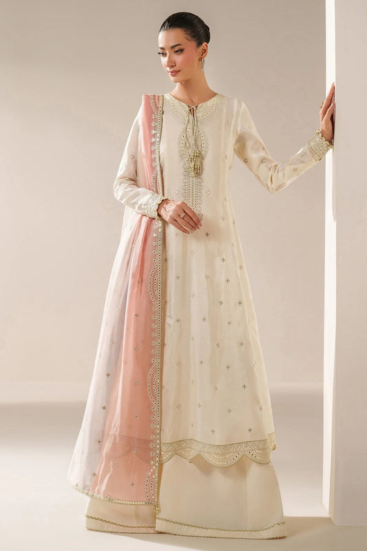 Digitally printed chiffon suit with embroidery on yoke, panels, sleeves & dupatta. Paired with dyed rawsilk bottom for a luxe, elegant formal look.