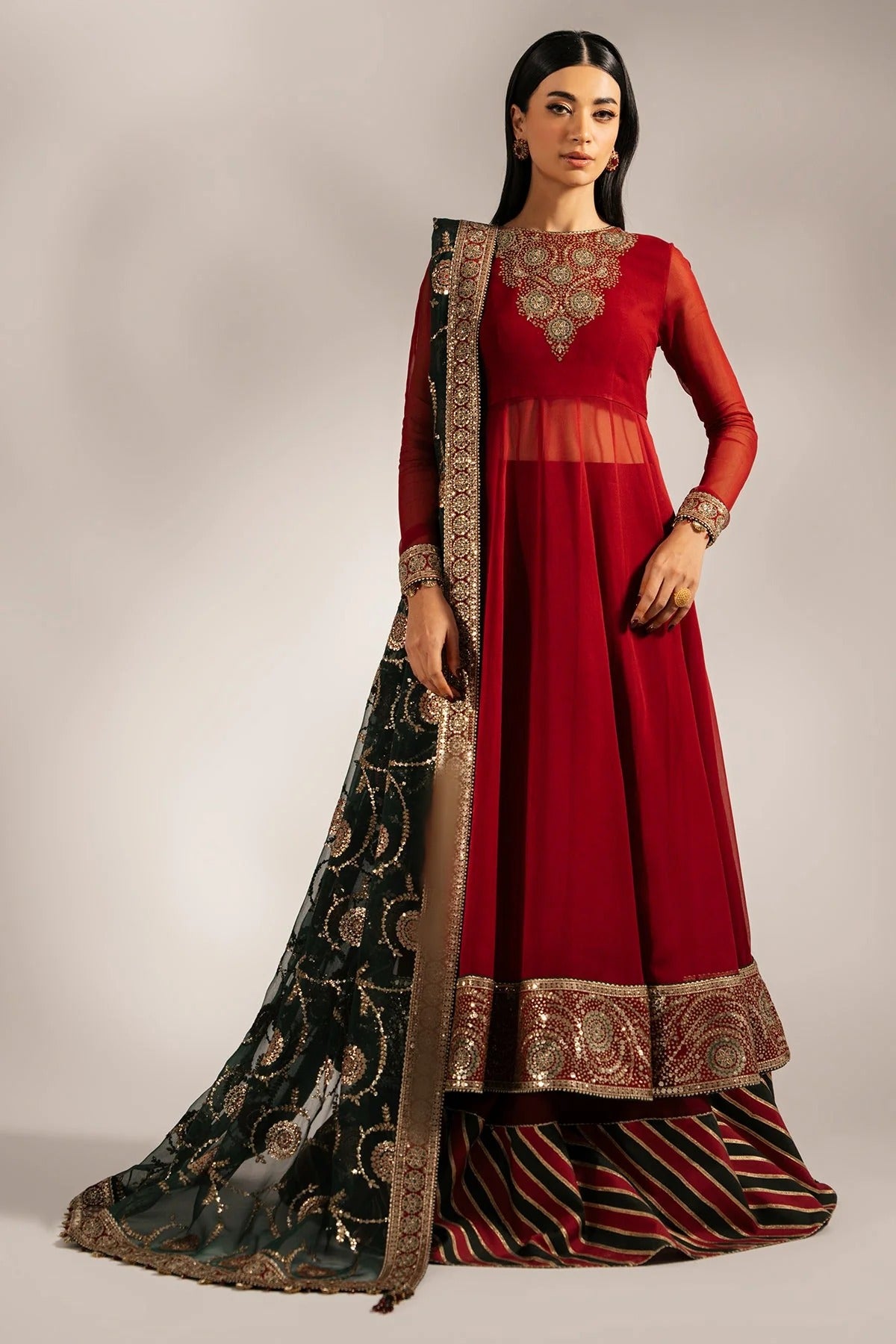 UC-3074 features embroidered chiffon yoke, dupatta, and borders with dyed chiffon panels and rawsilk bottom. A perfect pick for graceful, formal occasions.