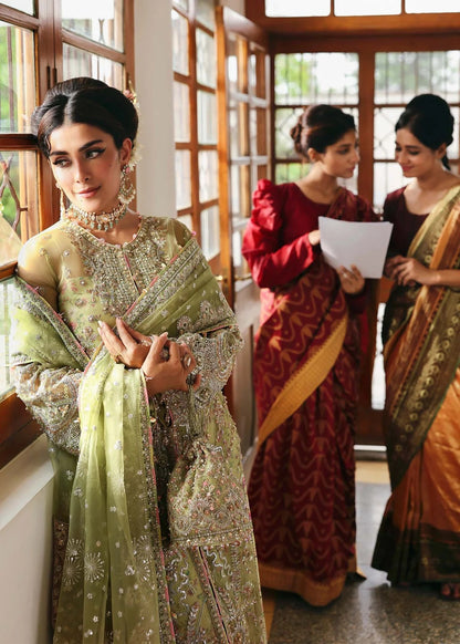 Vibrant parrot jade suit with hand-embellished organza panels, embroidered dupatta, and printed trouser—perfect for festive elegance.