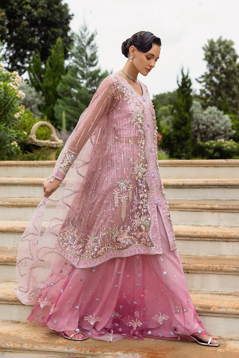 Stylish light pink dress with embroidered net shirt, sequined dupatta, embellished trouser, silk neckline, and handmade tassels for an elegant look.