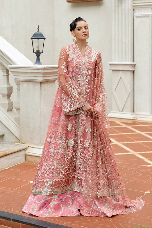 Elegant coral dress with embroidered net shirt, sequined dupatta, raw silk trouser, 3D bird embellishments, and handmade tassels for luxury style.