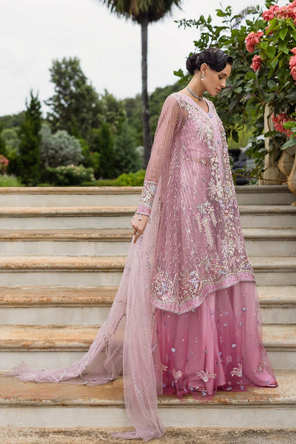 Stylish light pink dress with embroidered net shirt, sequined dupatta, embellished trouser, silk neckline, and handmade tassels for an elegant look.