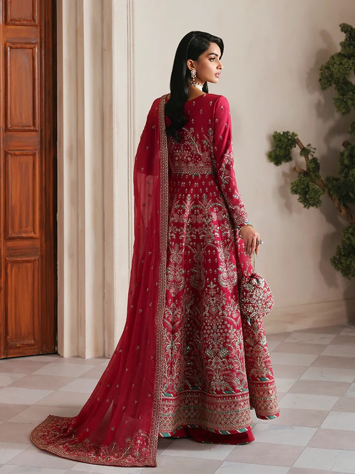 Discover luxury in this embroidered raw silk kalidaar featuring sequined bodice, chiffon dupatta with organza borders, and matching raw silk sharara.
