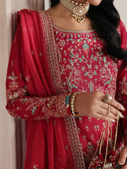 Discover luxury in this embroidered raw silk kalidaar featuring sequined bodice, chiffon dupatta with organza borders, and matching raw silk sharara.