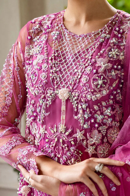 Graceful blush pink dress with embroidered net shirt, sequined dupatta, raw silk trouser, pearl-detailed daman border, and handmade tassels.