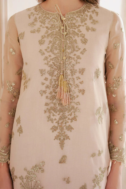 UC-3067 features digital printed chiffon with fine embroidery on front, sleeves, and dupatta—paired with a dyed rawsilk bottom for a refined look.